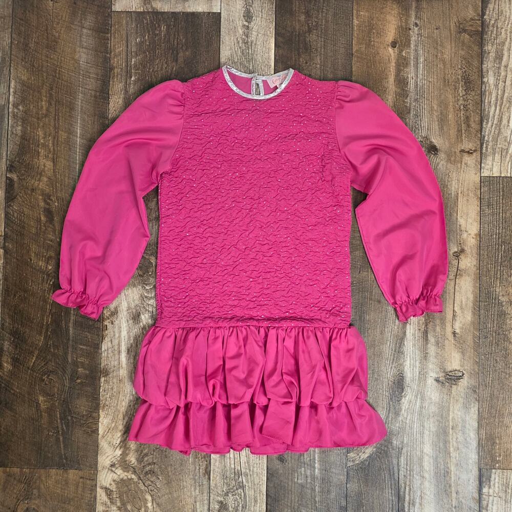 Vintage Hot Pink Party Dress Puff Sleeve 80s Girls Ruffle Sparkly 16